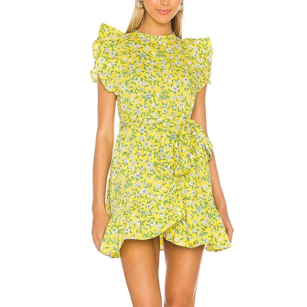 Banjanan Audrey Sprig Aurora Bold Yellow Floral Ruffle Skirt Cotton Mini Dress